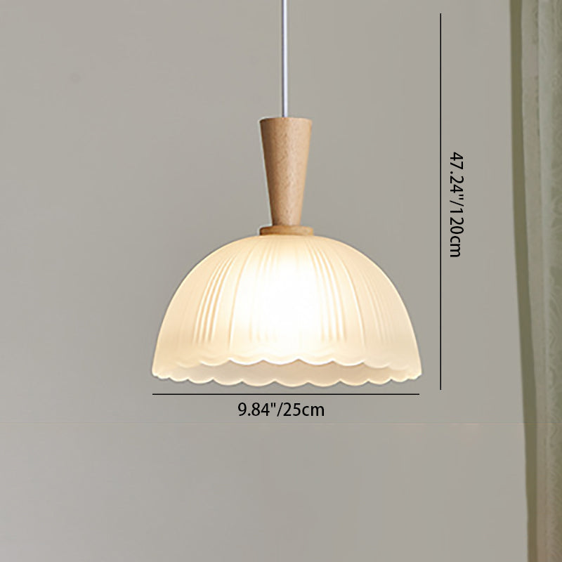 Traditional Japanese Round Cylinder Glass Rubberwood 1-Light Pendant Light For Bedroom
