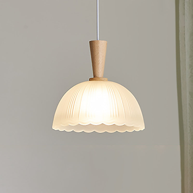 Traditional Japanese Round Cylinder Glass Rubberwood 1-Light Pendant Light For Bedroom