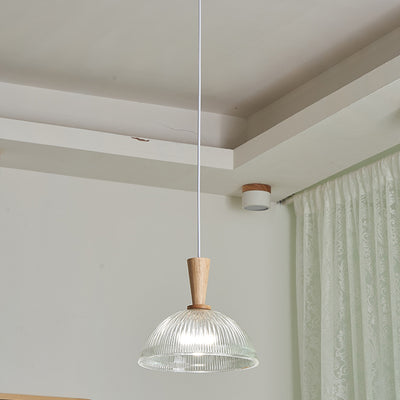 Traditional Japanese Round Cylinder Glass Rubberwood 1-Light Pendant Light For Bedroom
