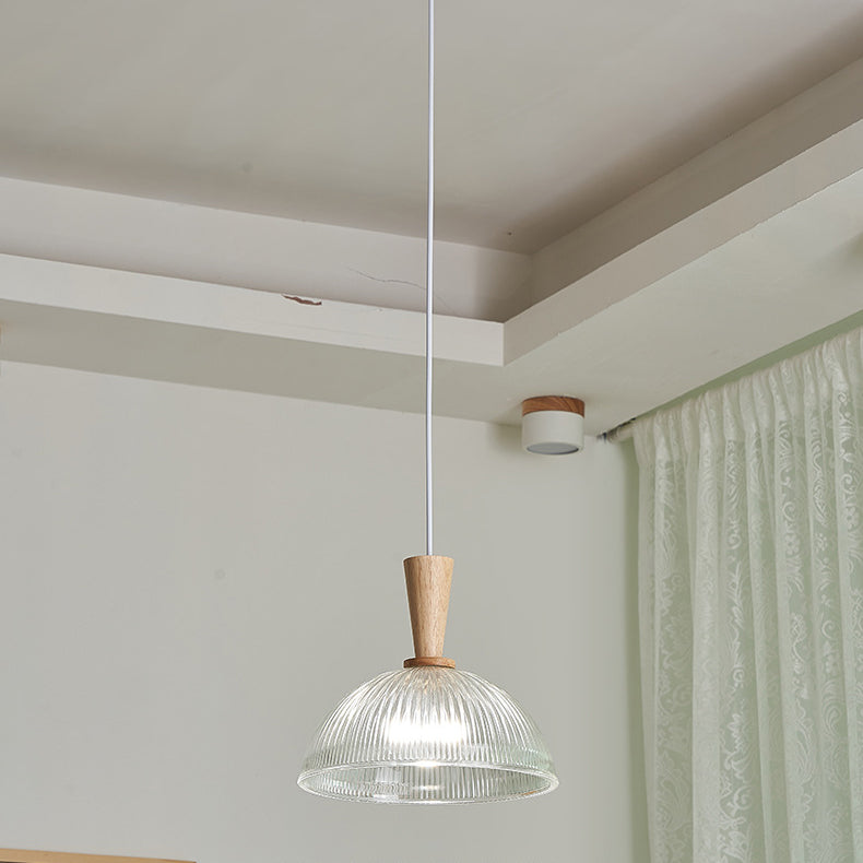 Traditional Japanese Round Cylinder Glass Rubberwood 1-Light Pendant Light For Bedroom