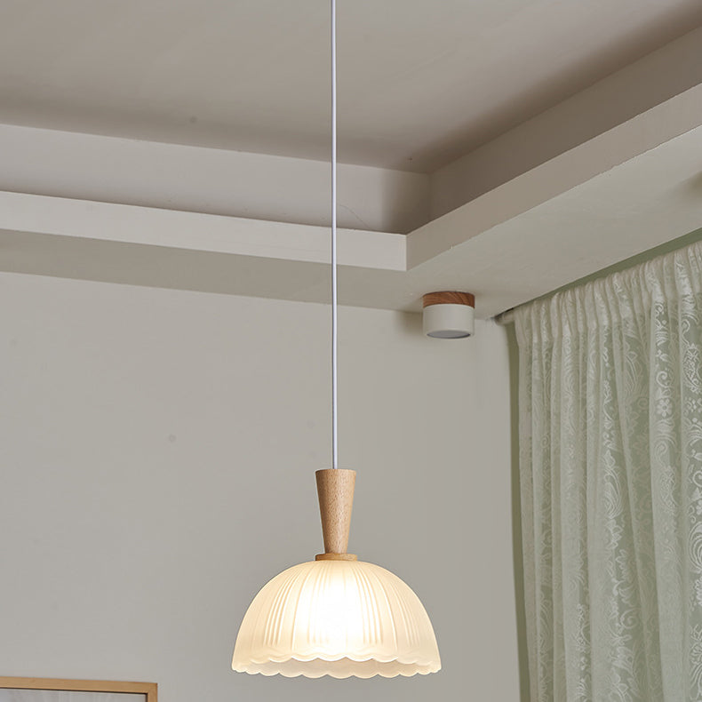 Traditional Japanese Round Cylinder Glass Rubberwood 1-Light Pendant Light For Bedroom