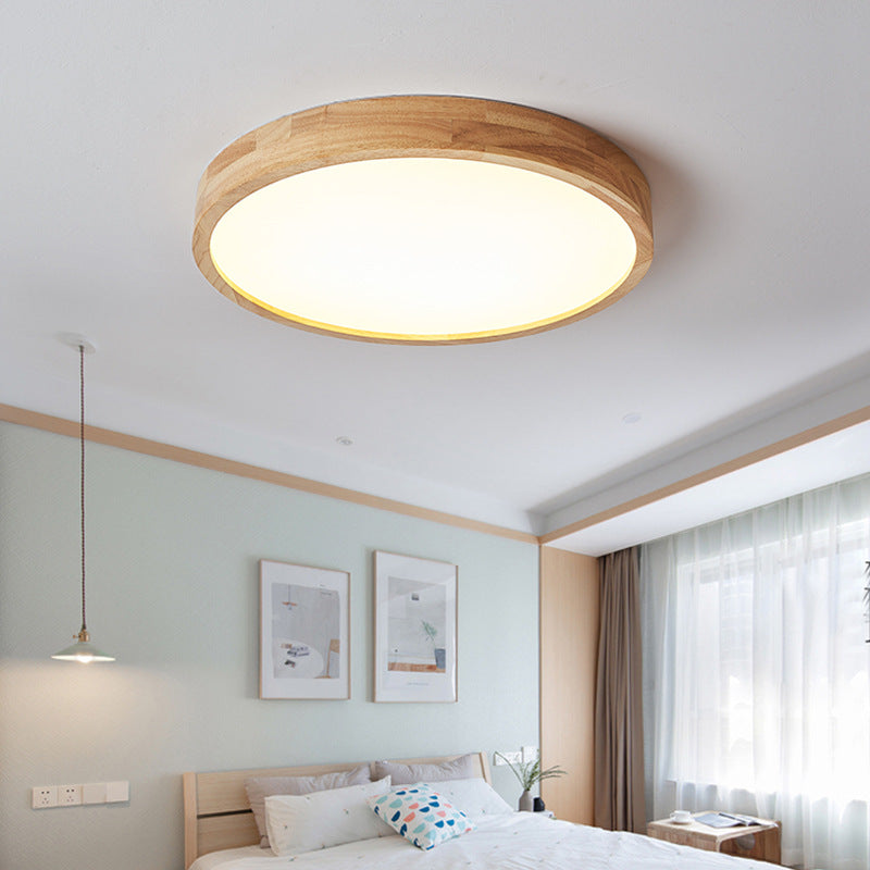 Moderne minimalistische runde LED-Deckenleuchte aus Acryl und Massivholz für das Schlafzimmer 