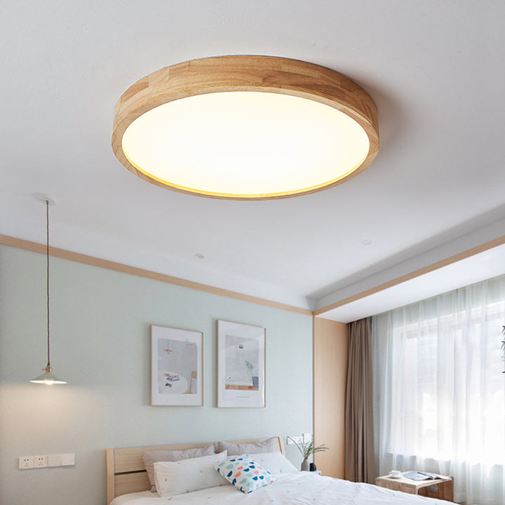 Moderne minimalistische runde LED-Deckenleuchte aus Acryl und Massivholz für das Schlafzimmer 