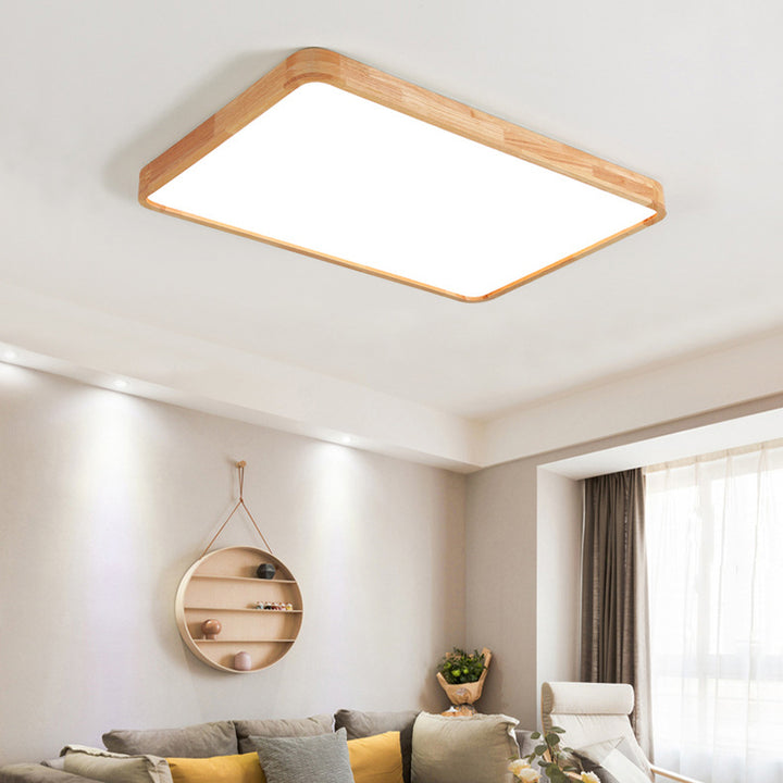 Modern Minimalist Rectangle Square Solid Wood Acrylic LED Flush Mount Ceiling Light For Living Room