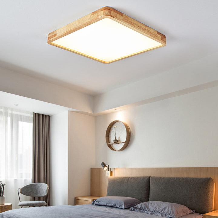 Modern Minimalist Rectangle Square Solid Wood Acrylic LED Flush Mount Ceiling Light For Living Room