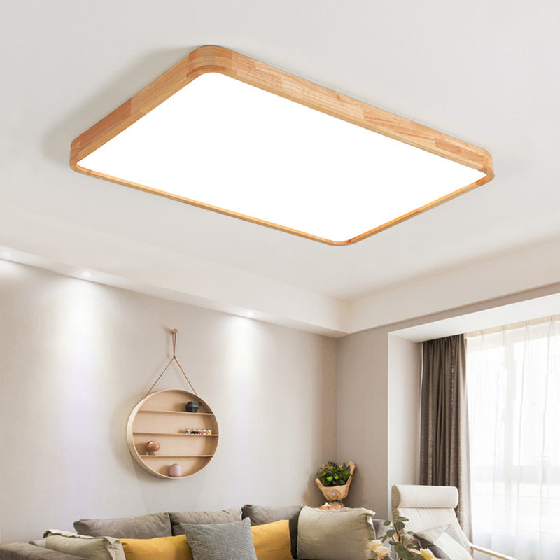 Modern Minimalist Rectangle Square Wood Acrylic LED Flush Mount Ceiling Light For Living Room