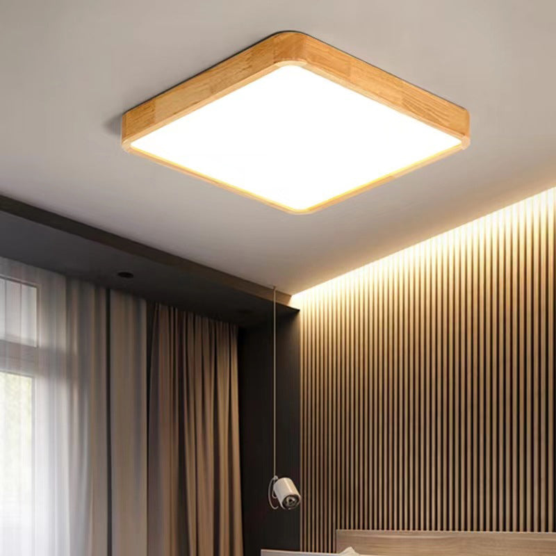 Modern Minimalist Rectangle Square Solid Wood Acrylic LED Flush Mount Ceiling Light For Living Room