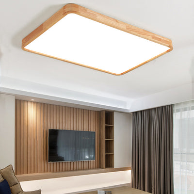 Modern Minimalist Rectangle Square Wood Acrylic LED Flush Mount Ceiling Light For Living Room