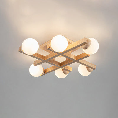 Traditional Japanese Magic Bean Branch Glass Wood 4/6/8/12 Light Flush Mount Ceiling Light For Living Room