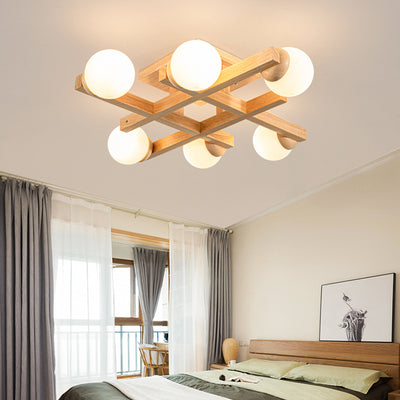 Traditional Japanese Magic Bean Branch Glass Wood 4/6/8/12 Light Flush Mount Ceiling Light For Living Room