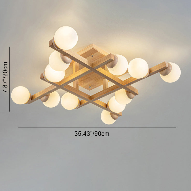 Traditional Japanese Magic Bean Branch Glass Wood 4/6/8/12 Light Flush Mount Ceiling Light For Living Room