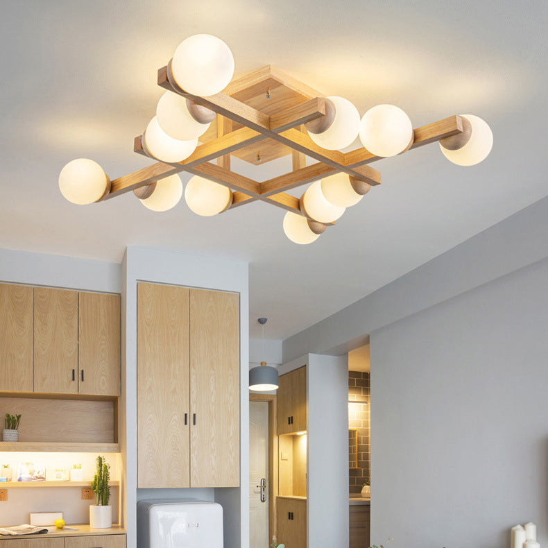 Traditional Japanese Magic Bean Branch Glass Wood 4/6/8/12 Light Flush Mount Ceiling Light For Living Room