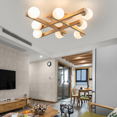 Traditional Japanese Magic Bean Branch Glass Wood 4/6/8/12 Light Flush Mount Ceiling Light For Living Room