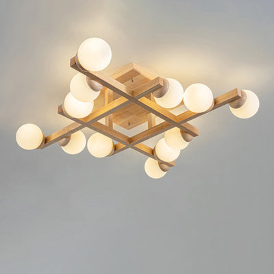 Traditional Japanese Magic Bean Branch Glass Wood 4/6/8/12 Light Flush Mount Ceiling Light For Living Room
