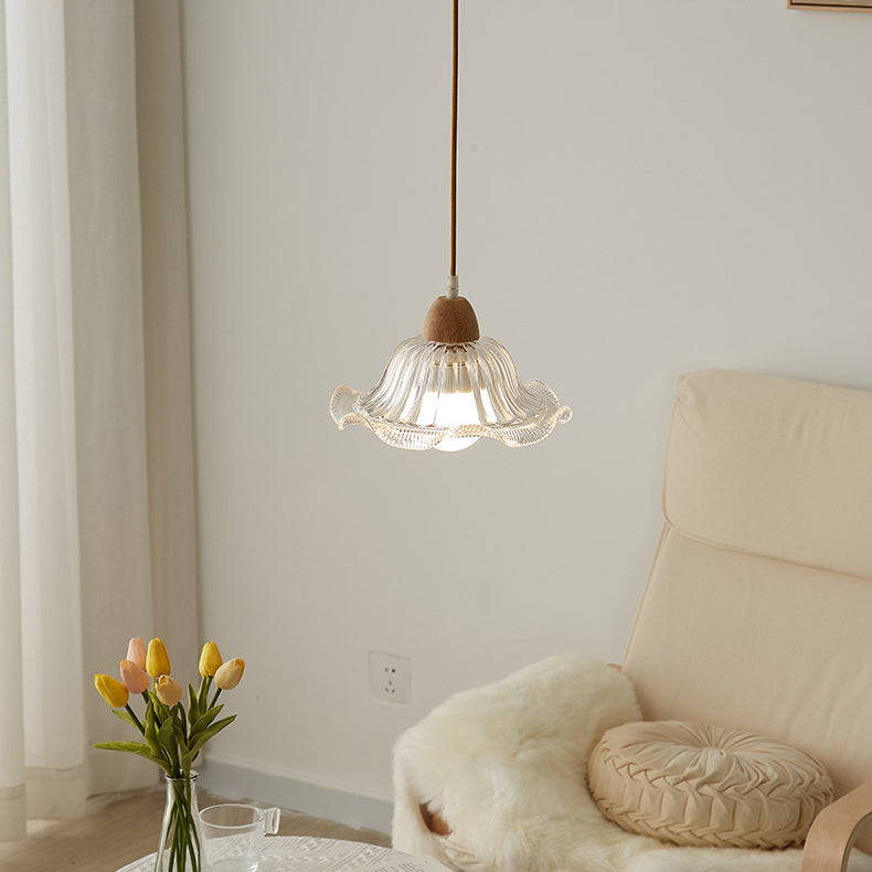 Lámpara colgante moderna minimalista redonda de vidrio con flor y madera maciza de 1 luz para dormitorio 