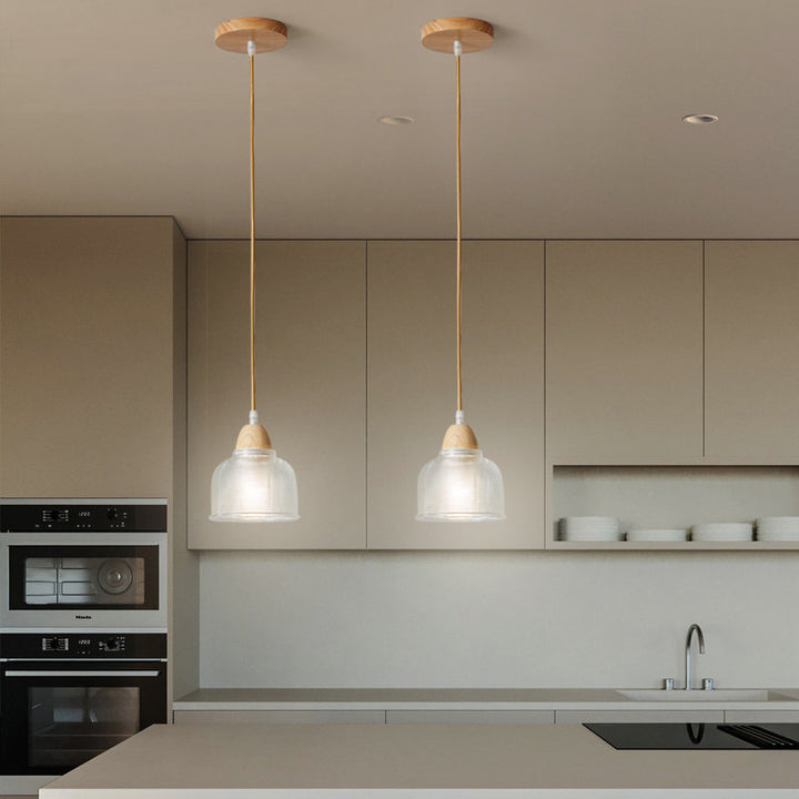 Suspension Luminaire Moderne Minimaliste Rond en Verre avec Fleur en Bois Massif 1 Lumière pour Chambre 
