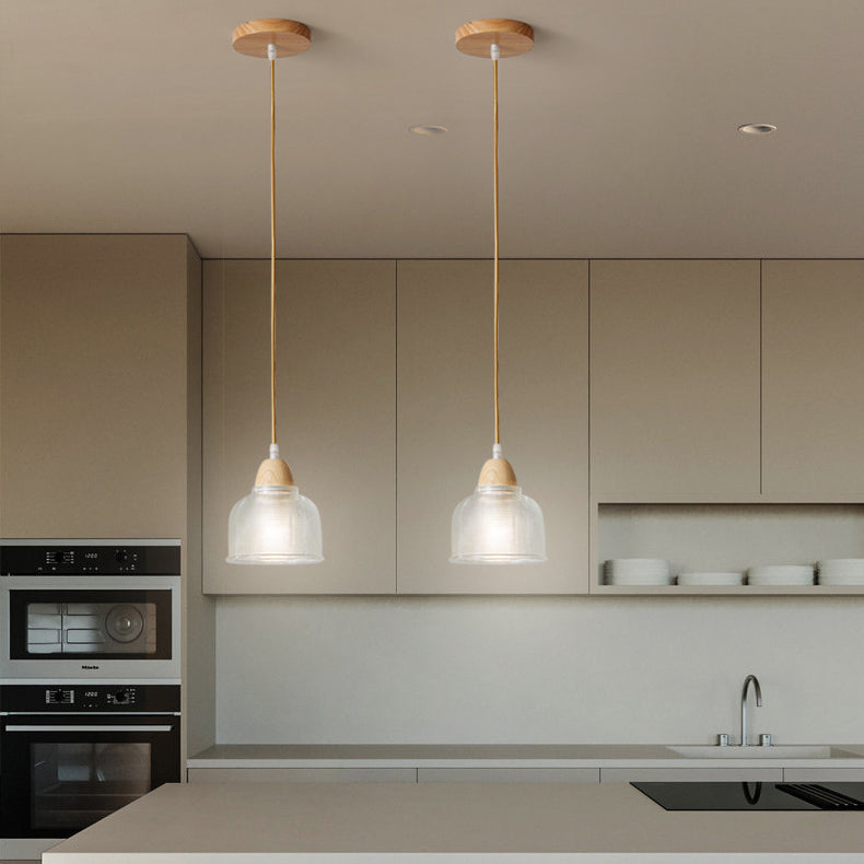 Lámpara colgante moderna minimalista redonda de vidrio con flor y madera maciza de 1 luz para dormitorio 