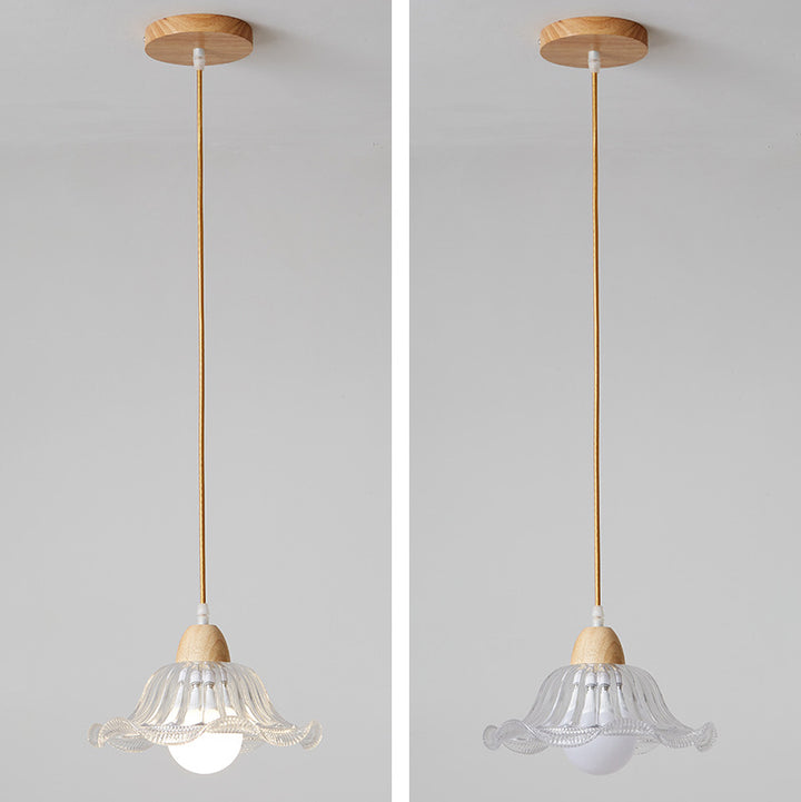 Suspension Luminaire Moderne Minimaliste Rond en Verre avec Fleur en Bois Massif 1 Lumière pour Chambre 