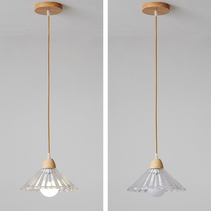 Suspension Luminaire Moderne Minimaliste Rond en Verre avec Fleur en Bois Massif 1 Lumière pour Chambre 