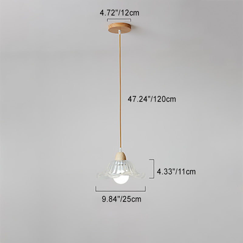 Lámpara colgante moderna minimalista redonda de vidrio con flor y madera maciza de 1 luz para dormitorio 