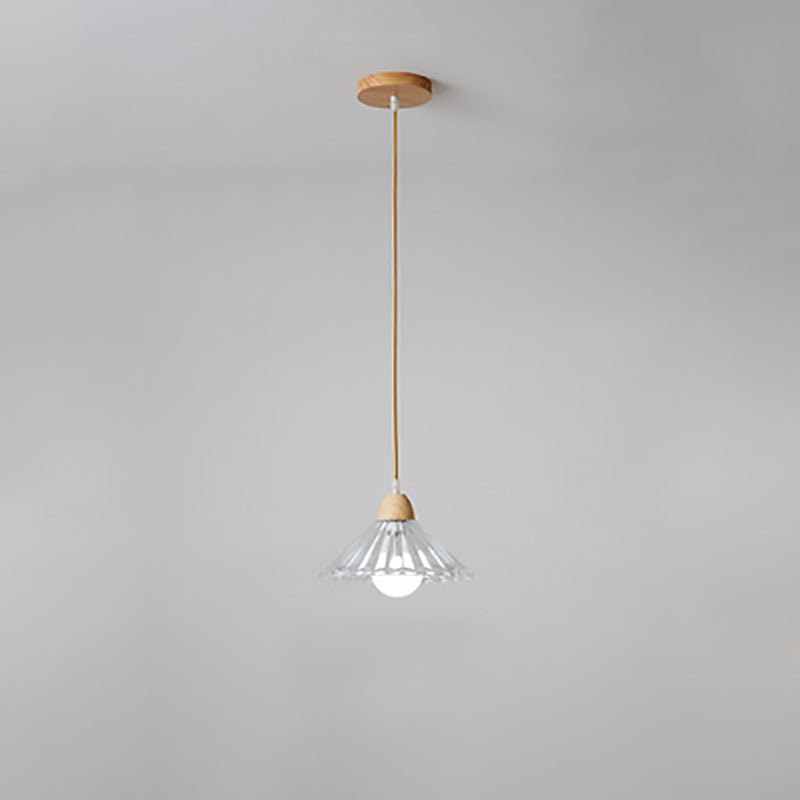Suspension Luminaire Moderne Minimaliste Rond en Verre avec Fleur en Bois Massif 1 Lumière pour Chambre 