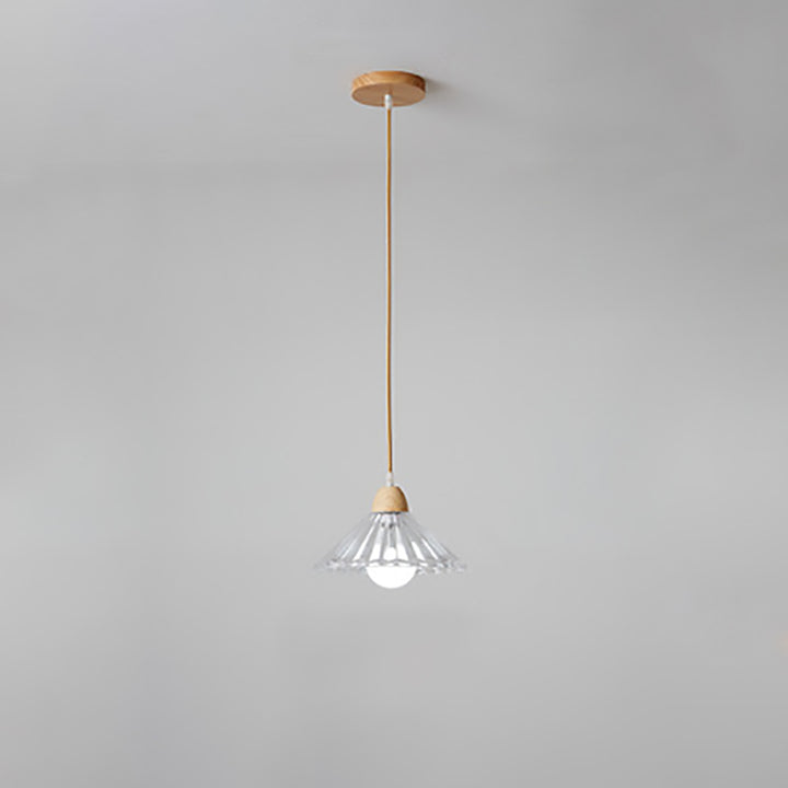 Suspension Luminaire Moderne Minimaliste Rond en Verre avec Fleur en Bois Massif 1 Lumière pour Chambre 