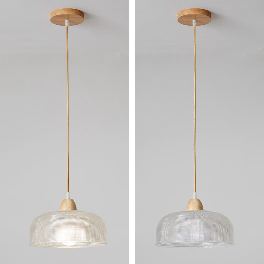 Suspension Luminaire Moderne Minimaliste Rond en Verre avec Fleur en Bois Massif 1 Lumière pour Chambre 