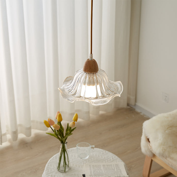 Suspension Luminaire Moderne Minimaliste Rond en Verre avec Fleur en Bois Massif 1 Lumière pour Chambre 