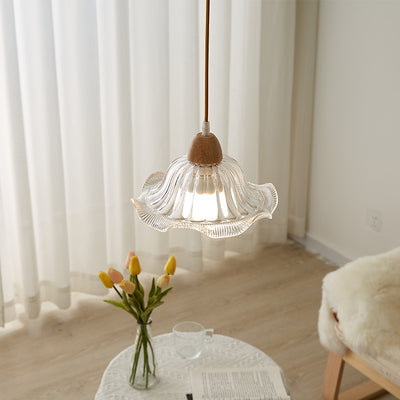 Lámpara colgante moderna minimalista redonda de vidrio con flor y madera maciza de 1 luz para dormitorio 