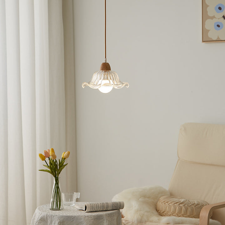 Suspension Luminaire Moderne Minimaliste Rond en Verre avec Fleur en Bois Massif 1 Lumière pour Chambre 