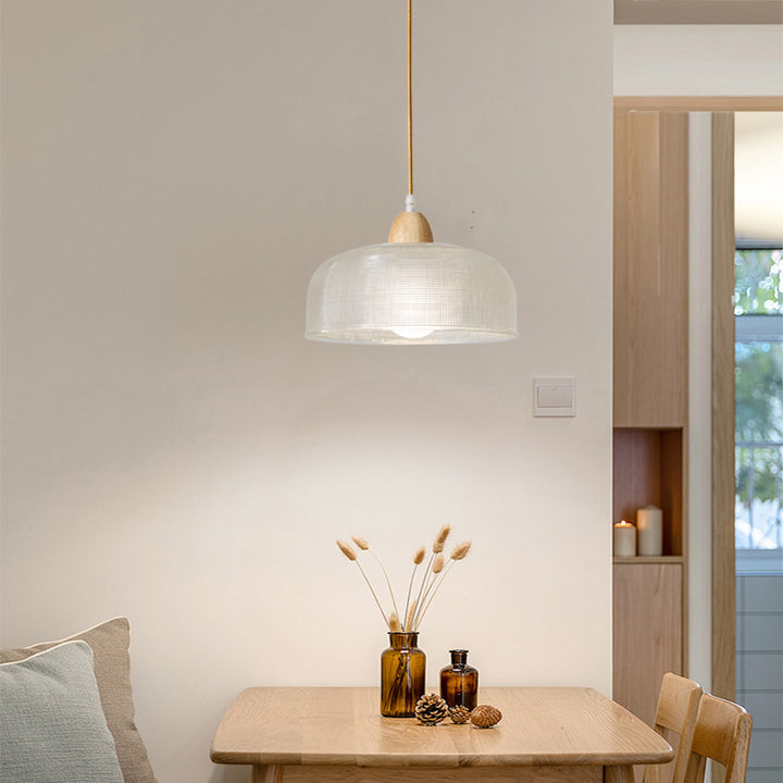Suspension Luminaire Moderne Minimaliste Rond en Verre avec Fleur en Bois Massif 1 Lumière pour Chambre 