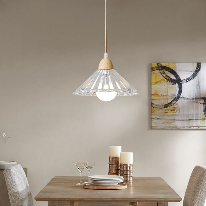 Suspension Luminaire Moderne Minimaliste Rond en Verre avec Fleur en Bois Massif 1 Lumière pour Chambre 