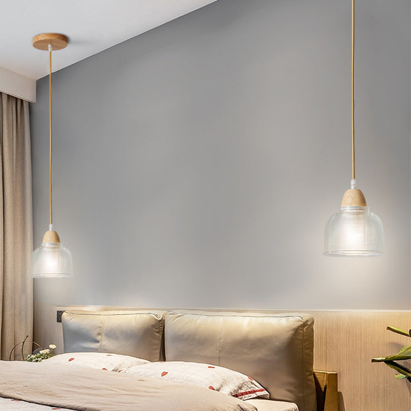 Lámpara colgante moderna minimalista redonda de vidrio con flor y madera maciza de 1 luz para dormitorio 