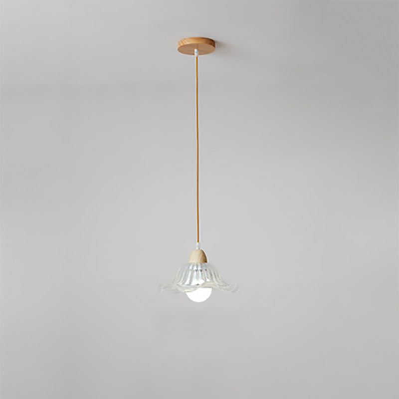Suspension Luminaire Moderne Minimaliste Rond en Verre avec Fleur en Bois Massif 1 Lumière pour Chambre 