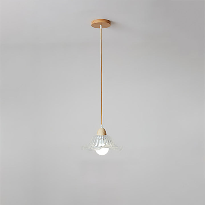 Suspension Luminaire Moderne Minimaliste Rond en Verre avec Fleur en Bois Massif 1 Lumière pour Chambre 