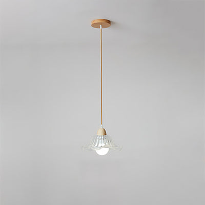 Lámpara colgante moderna minimalista redonda de vidrio con flor y madera maciza de 1 luz para dormitorio 