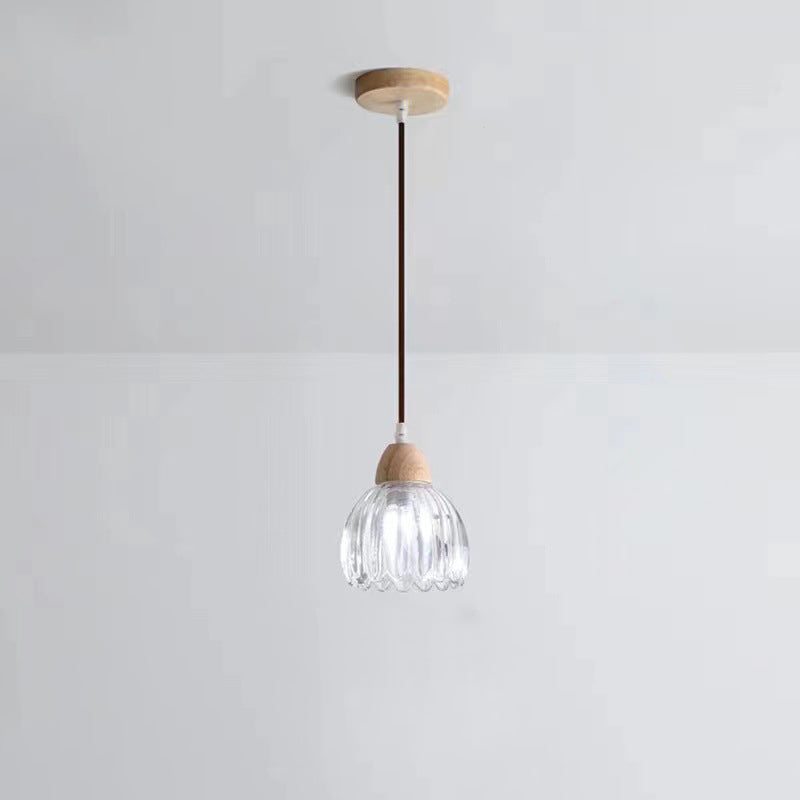 Suspension Luminaire Moderne Minimaliste Rond en Verre avec Fleur en Bois Massif 1 Lumière pour Chambre 