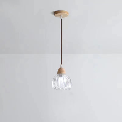 Lámpara colgante moderna minimalista redonda de vidrio con flor y madera maciza de 1 luz para dormitorio 