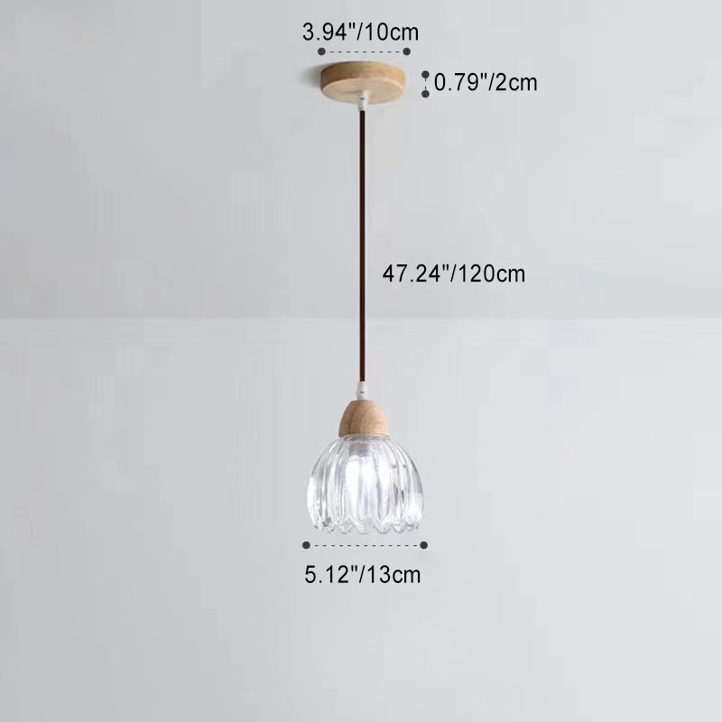Suspension Luminaire Moderne Minimaliste Rond en Verre avec Fleur en Bois Massif 1 Lumière pour Chambre 