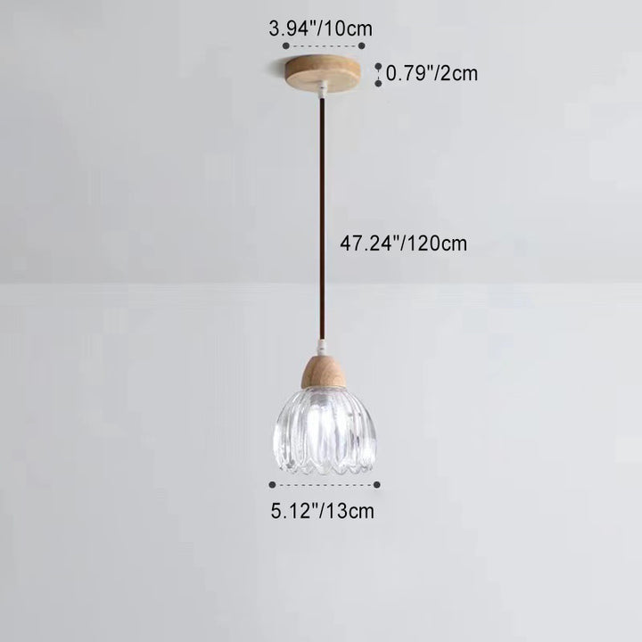 Suspension Luminaire Moderne Minimaliste Rond en Verre avec Fleur en Bois Massif 1 Lumière pour Chambre 