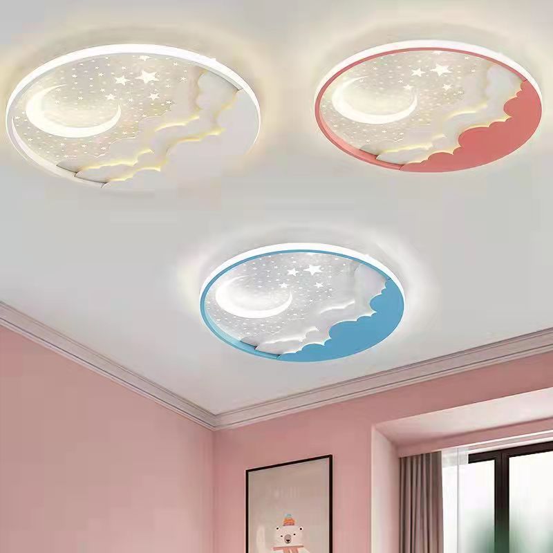 Moderne Art Deco Mond Voller Sterne Wolken Runde Acryl Eisen LED Unterputz Deckenleuchte Für Schlafzimmer 