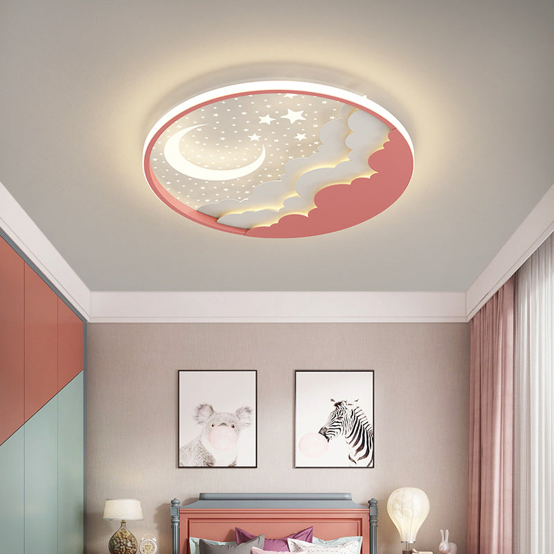 Moderne Art Deco Mond Voller Sterne Wolken Runde Acryl Eisen LED Unterputz Deckenleuchte Für Schlafzimmer 