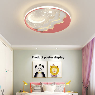 Modern Art Deco Moon Full Stars Clouds Round Acrylic Iron LED Flush Mount Ceiling Light For Bedroom