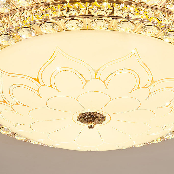 Modern Luxury Petal Round Glass Crystal Iron LED Flush Mount Ceiling Light For Living Room