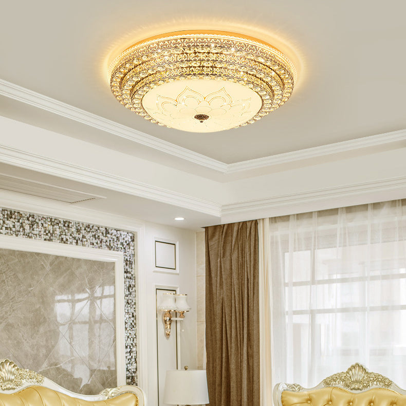 Moderne Luxus Blütenblatt Runde Glas Kristall Eisen LED Deckenleuchte für Wohnzimmer 