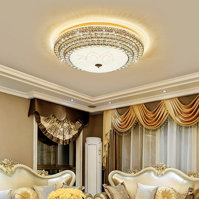 Modern Luxury Petal Round Glass Crystal Iron LED Flush Mount Ceiling Light For Living Room
