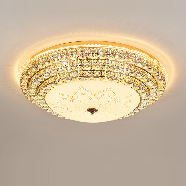 Moderne Luxus Blütenblatt Runde Glas Kristall Eisen LED Deckenleuchte für Wohnzimmer 