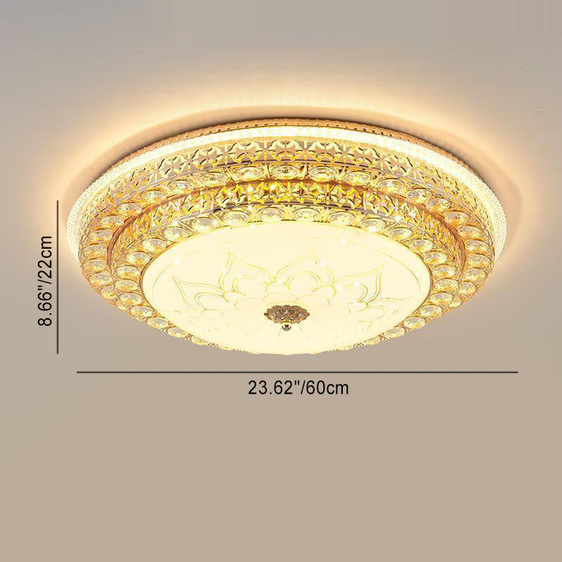 Modern Luxury Petal Round Glass Crystal Iron LED Flush Mount Ceiling Light For Living Room