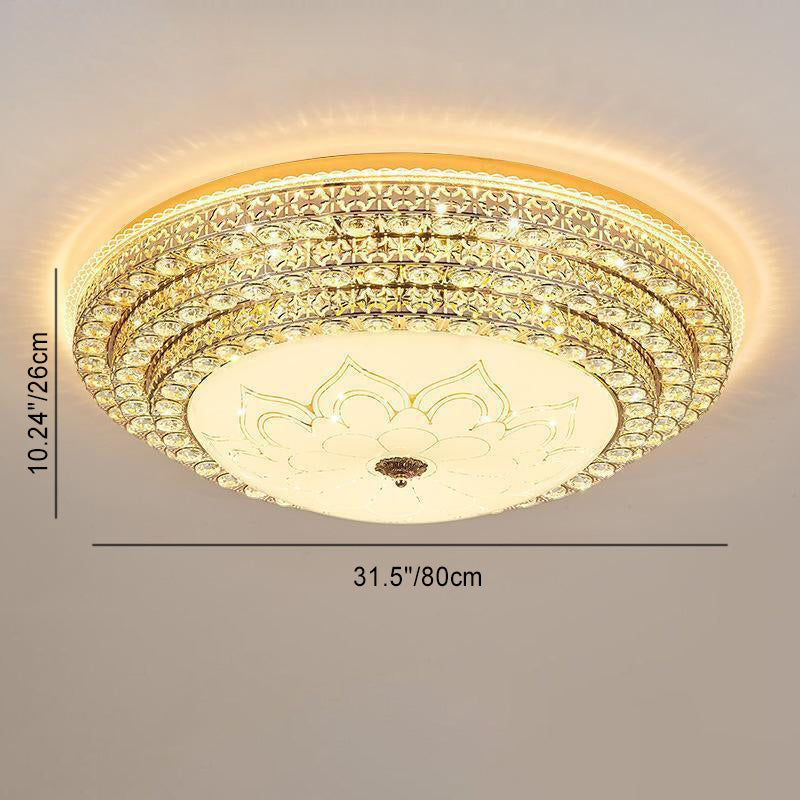 Modern Luxury Petal Round Glass Crystal Iron LED Flush Mount Ceiling Light For Living Room