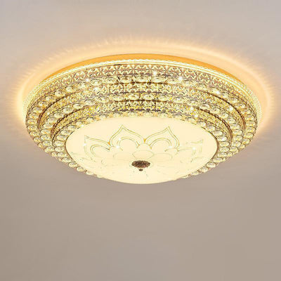Modern Luxury Petal Round Glass Crystal Iron LED Flush Mount Ceiling Light For Living Room